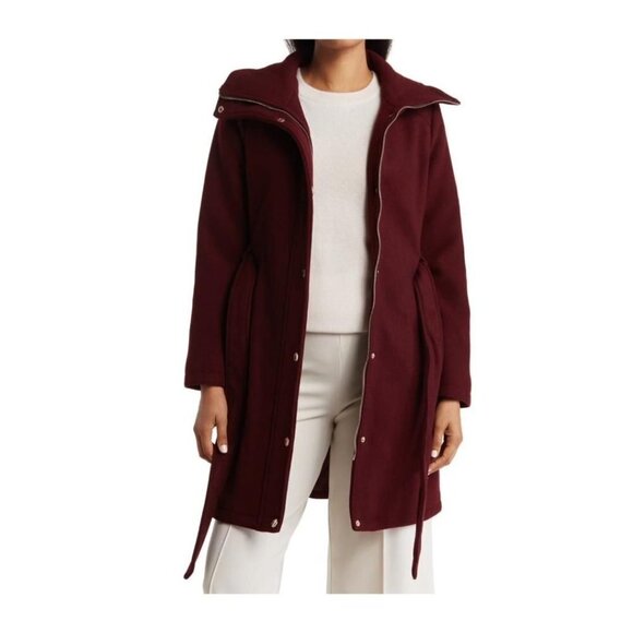 Michael Kors Womens Red Wine Full Zip Snap Belted Wool Blend Pea Coat Sz M New - Picture 2 of 12